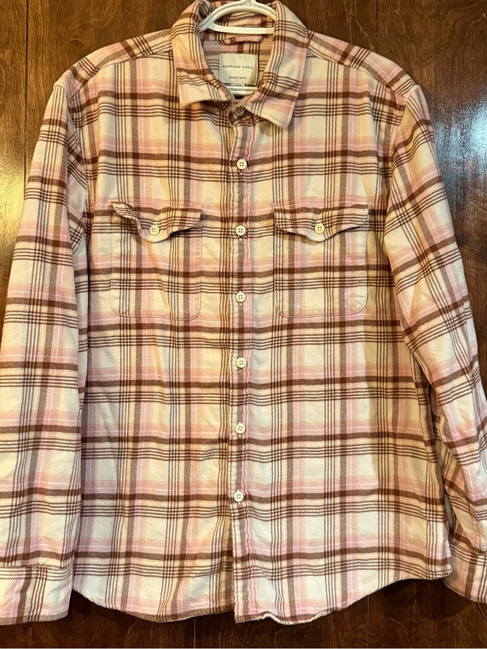 American Eagle Women’s Large Pink Brown Plaid Super Soft Flannel Button Up
